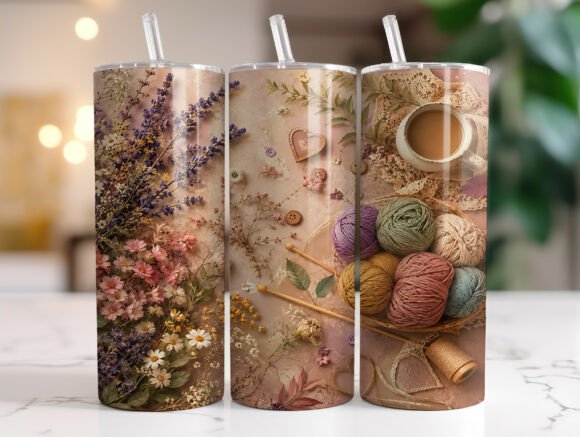 Cozy Knitting Floral Tumbler Wrap PNG