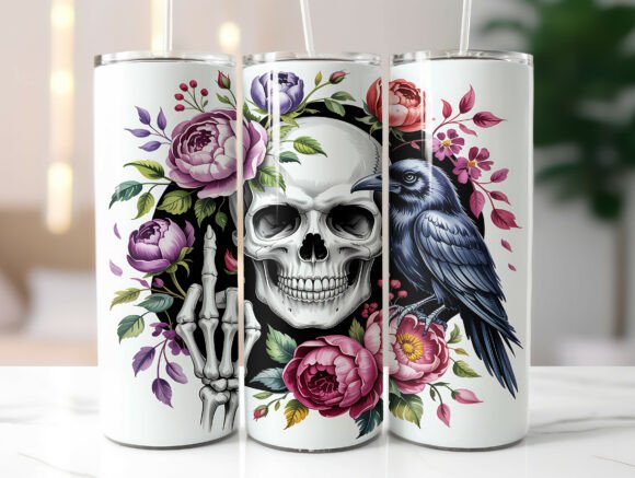 Funny Gothic Skull Floral Tumbler Wrap