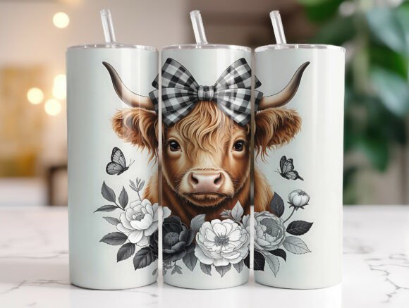 Highland Cow Bow Floral 20oz Tumbler PNG