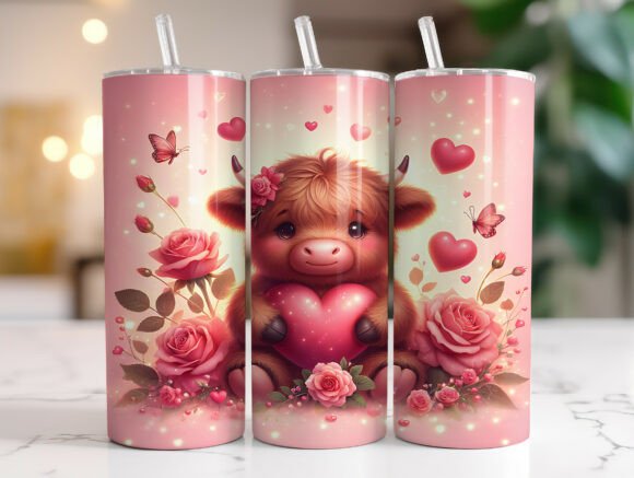 Highland Cow Valentines Tumbler Wrap PNG
