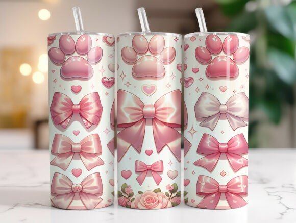 Pink Dog Paw Bow Valentine Tumbler Wrap