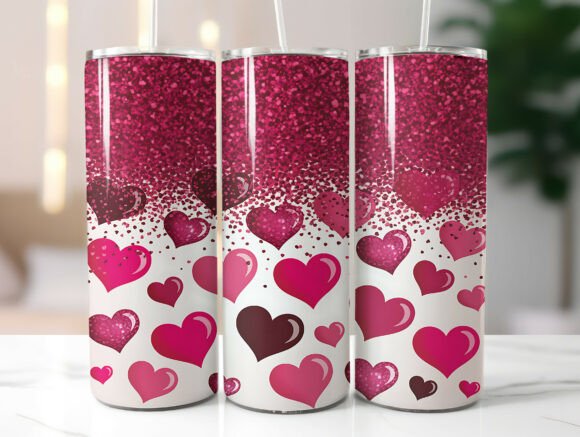 Pink Glitter Heart Valentine Tumbler PNG