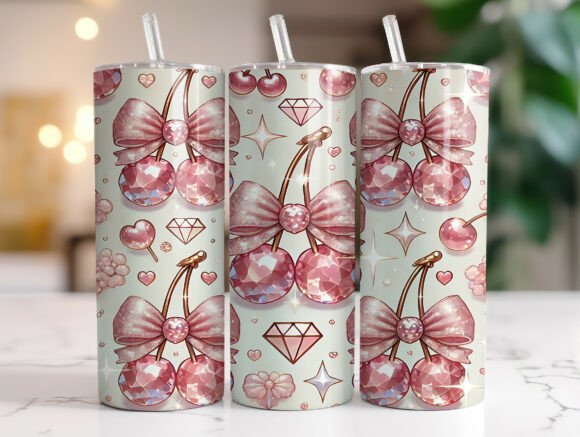 Pink Rhinestone Cherry Bow Tumbler Wrap