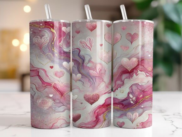 Valentine Pink Marble Hearts Tumbler