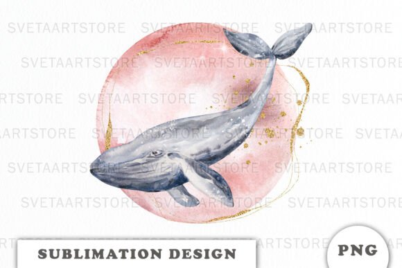 Watercolor Moon with Whale Png